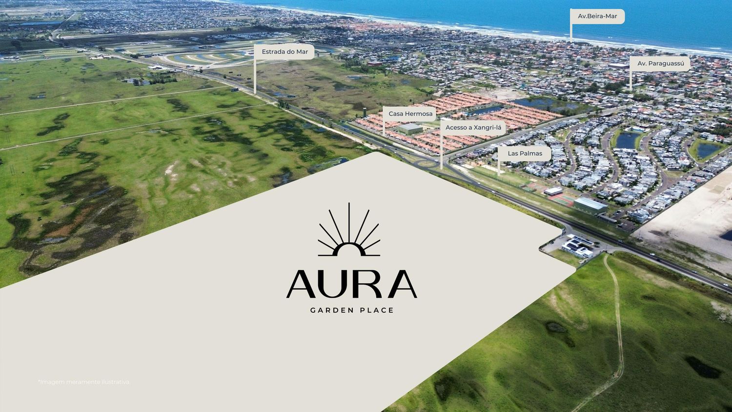 Vista aérea da região com o terreno do empreendimento marcado e as vias principais