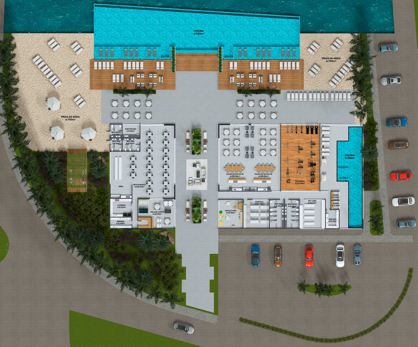 Planta humanizada do clube, com a metragem de cada ambiente