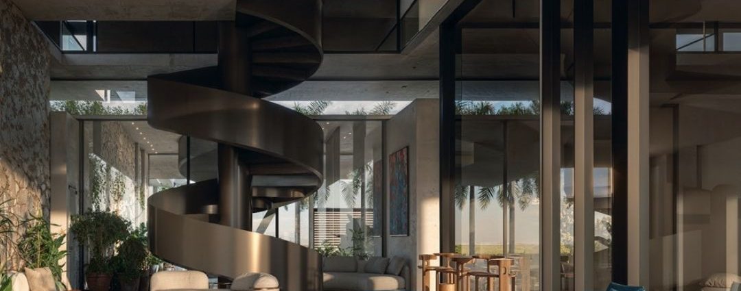 Lobby do club house, com escada helicoidal e pé-direito duplo