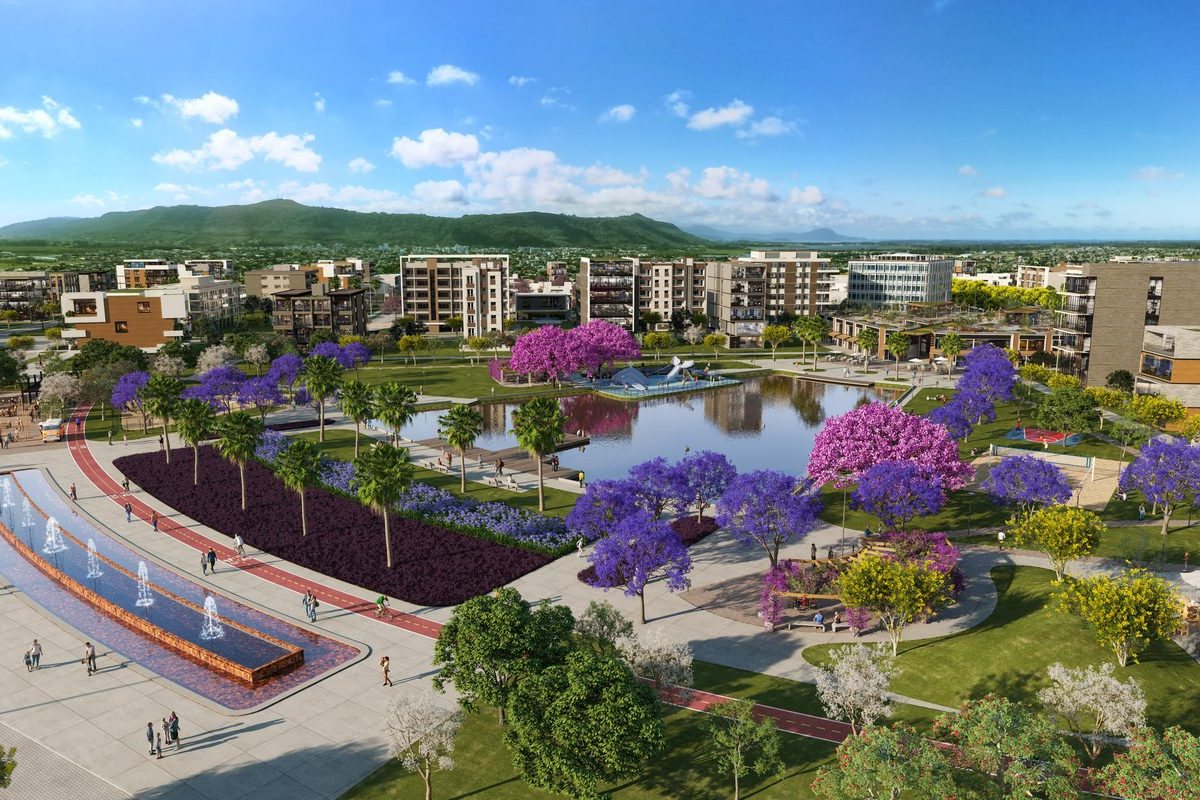 Brisas — praça principal com chafariz e lago