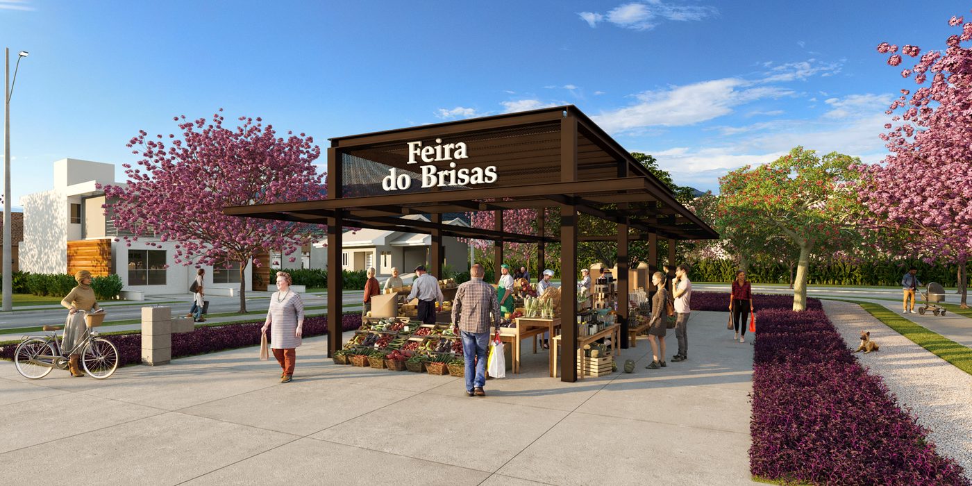 Pavilhão coberto de feira, com barracas de hortifruti