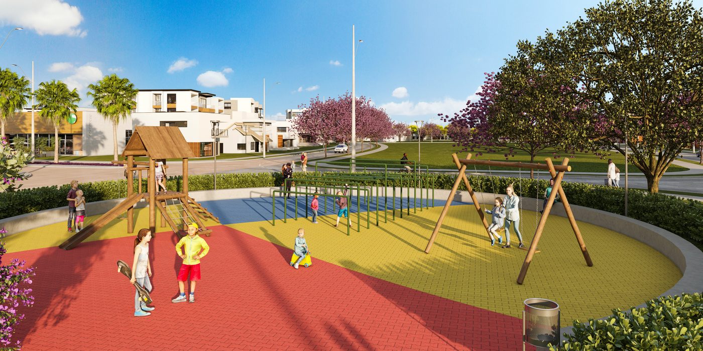 Playground com piso emborrachado, balanços e trepa-trepa