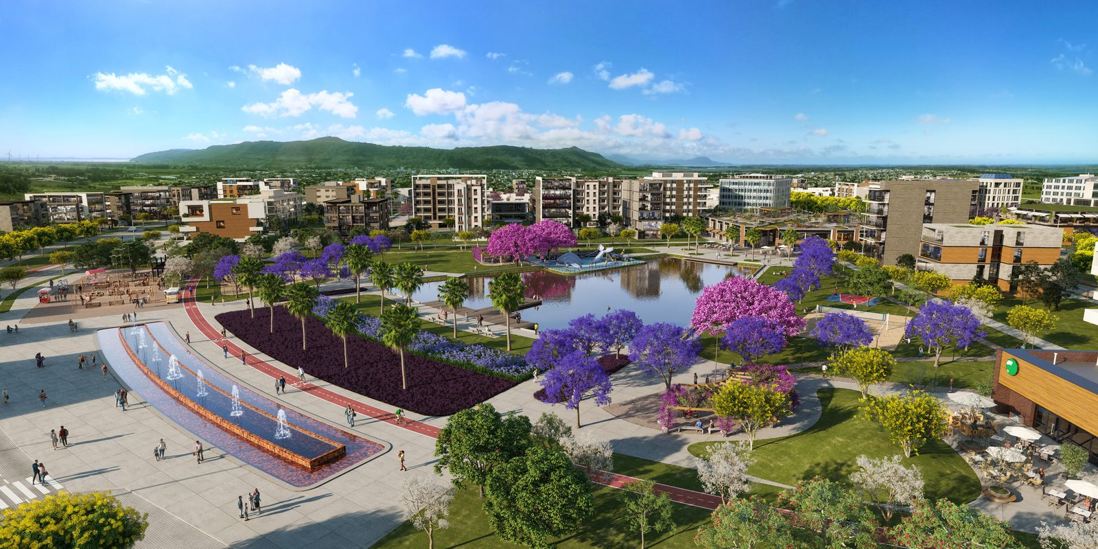 Vista aérea da praça principal do Brisas, com chafariz, lago e o bairro em volta