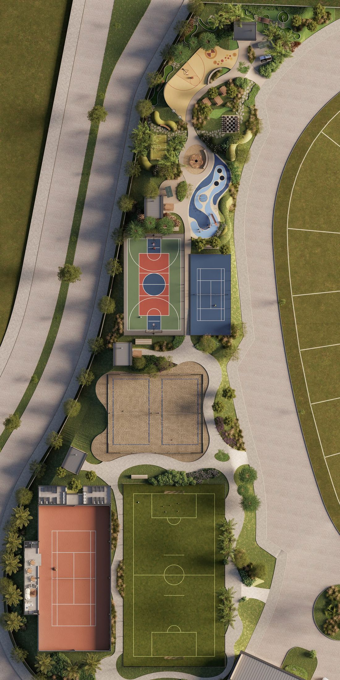 Planta da área esportiva: quadras de tênis, padel, beach tennis e campo de futebol