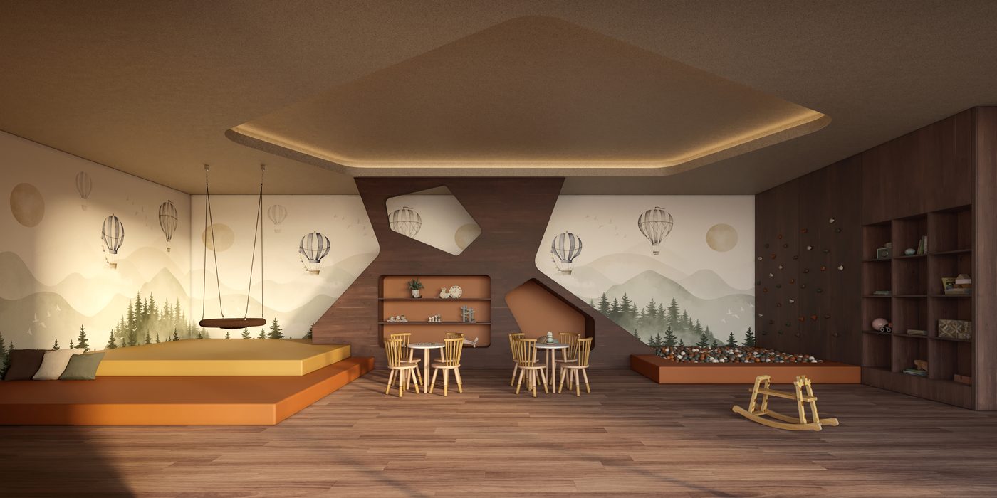 Espaço kids com balanço, parede de escalada e mural de montanhas