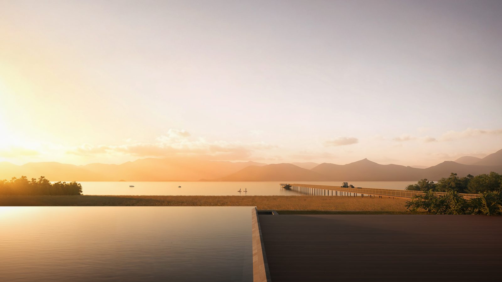Piscina de borda infinita ao pôr do sol, alinhada com a lagoa e o trapiche
