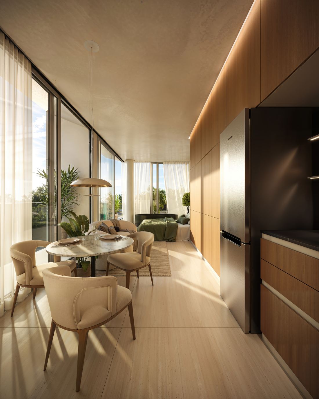 Interior de um loft, com cozinha integrada ao living
