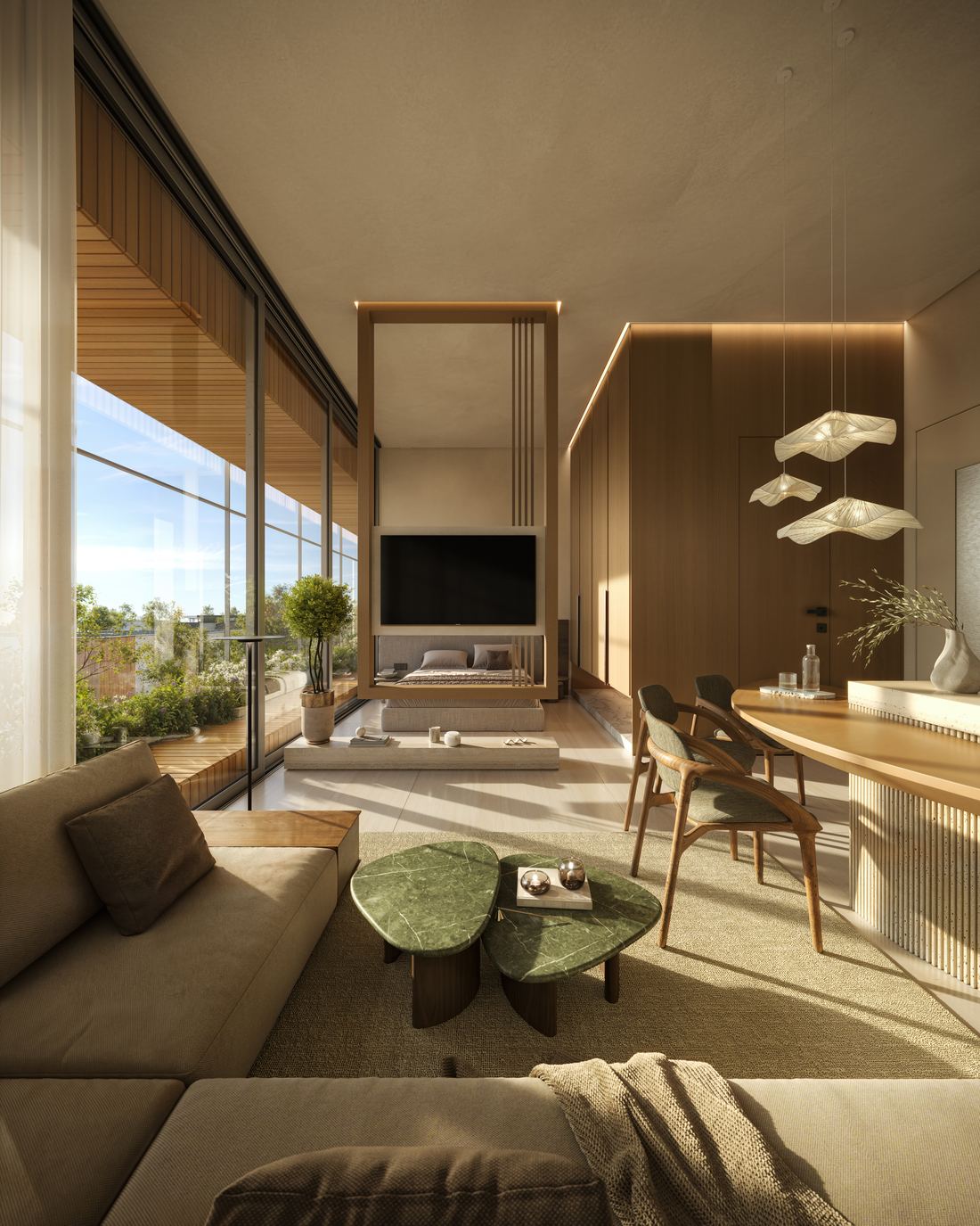 Living de um loft com mesa de jantar