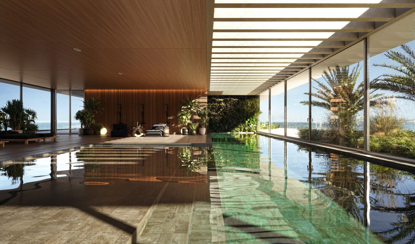 Piscina térmica coberta com vista para o jardim