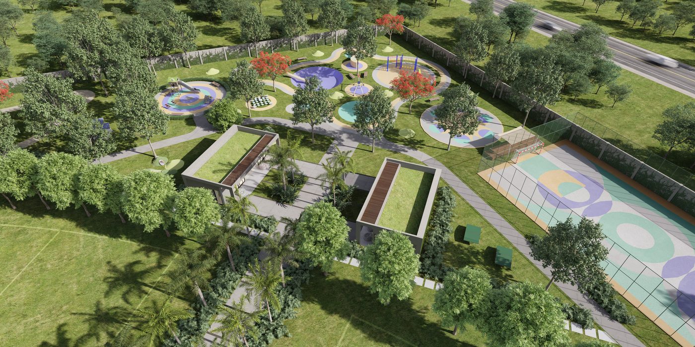 Kids Arena vista de cima, com playground colorido e quadra poliesportiva