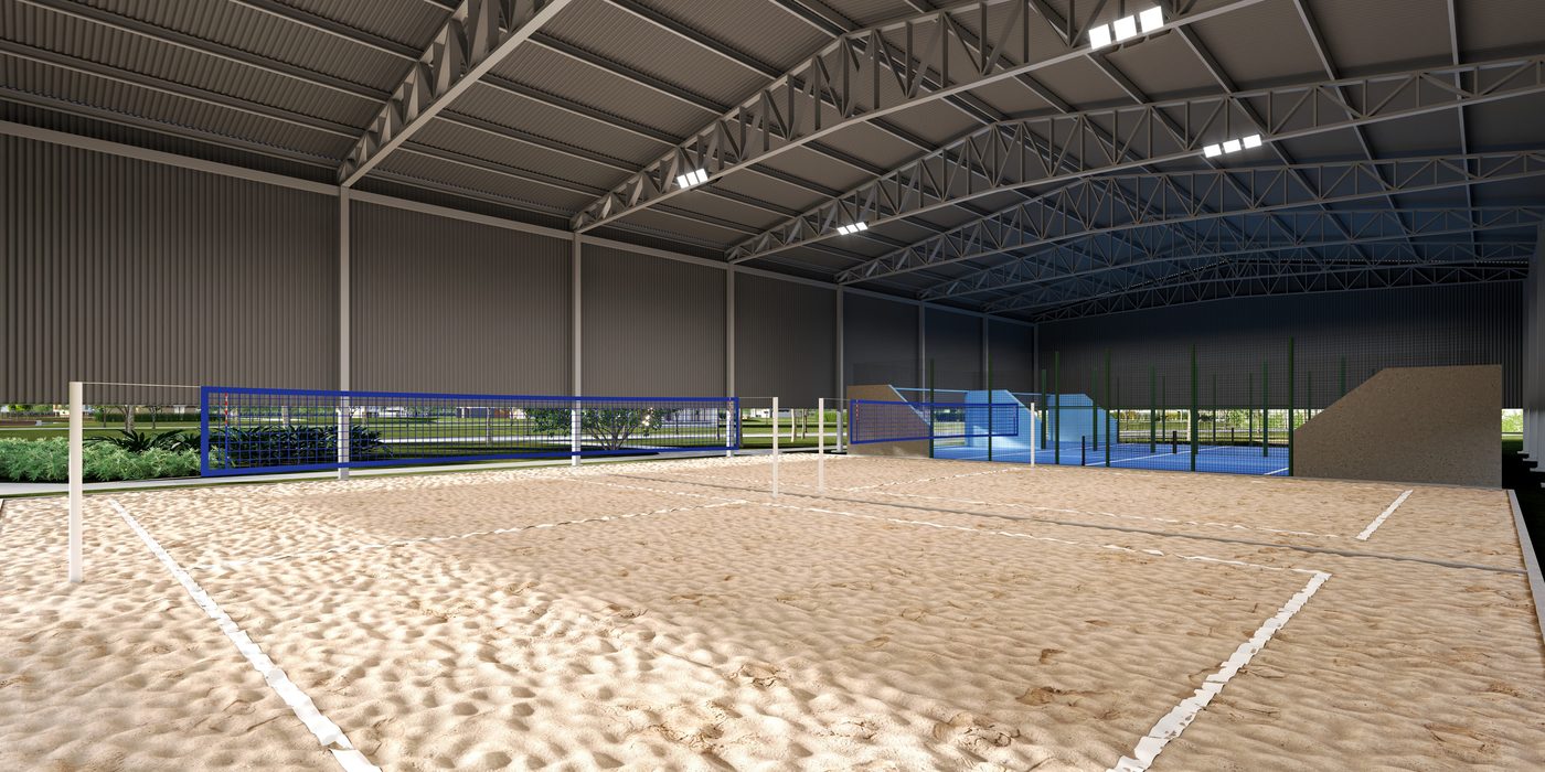 Quadras cobertas de beach tennis e padel, sob estrutura metálica