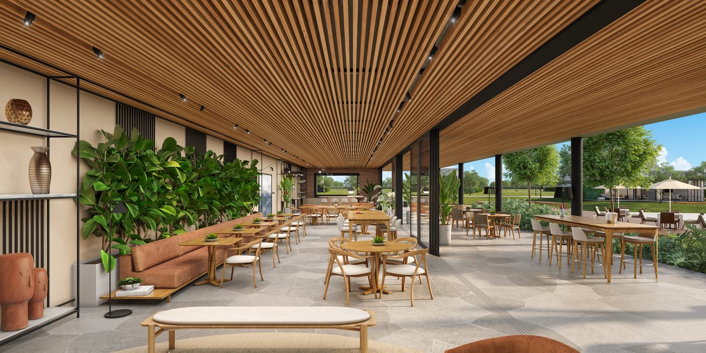 Restaurante do club house, com teto ripado e mesas para o jardim