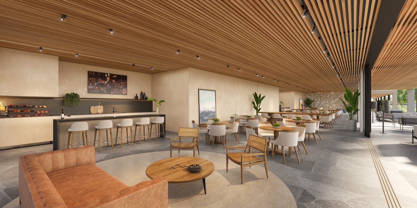 Salão de festas com bar, lounge e mesas