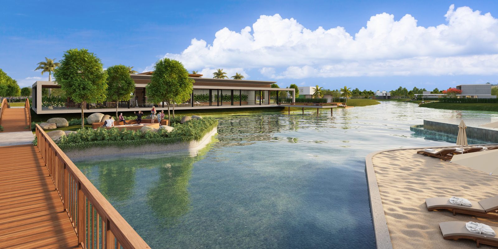 O club spa visto da passarela, à beira do lago, com prainha à direita