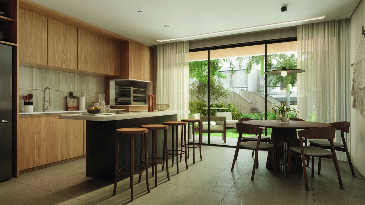 Cozinha integrada ao living, com ilha e bancada