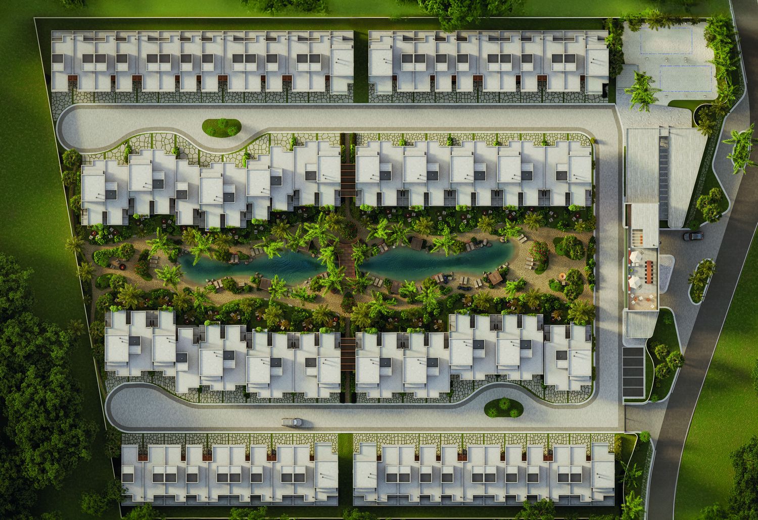 Vista de cima da implantação, com as fileiras de casas em volta do oásis central