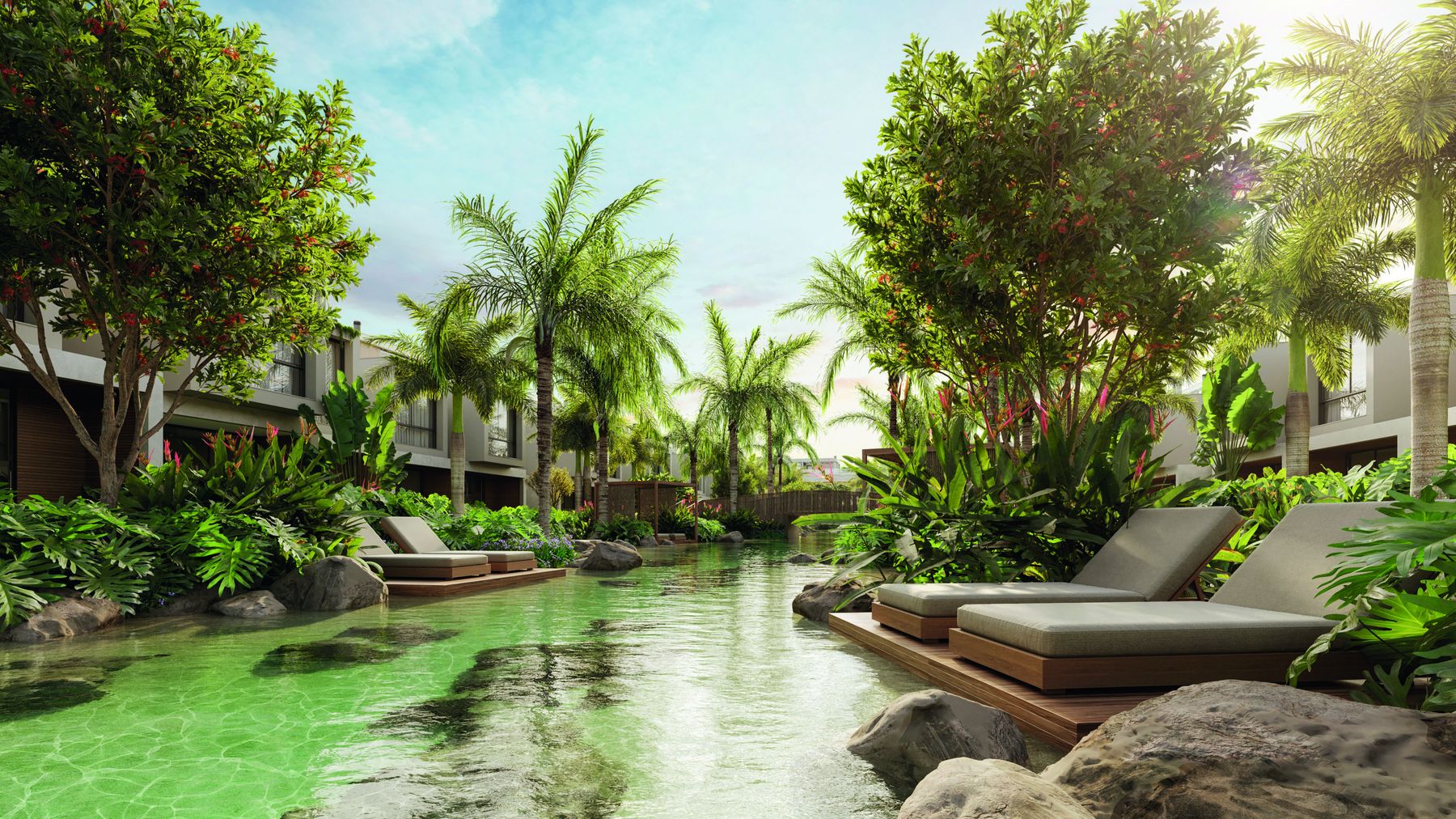 Oásis tropical central do Origem, com piscina natural, areia e vegetação