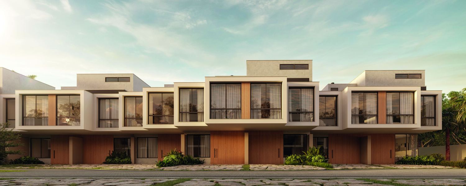Rua interna com a fileira de casas contemporâneas