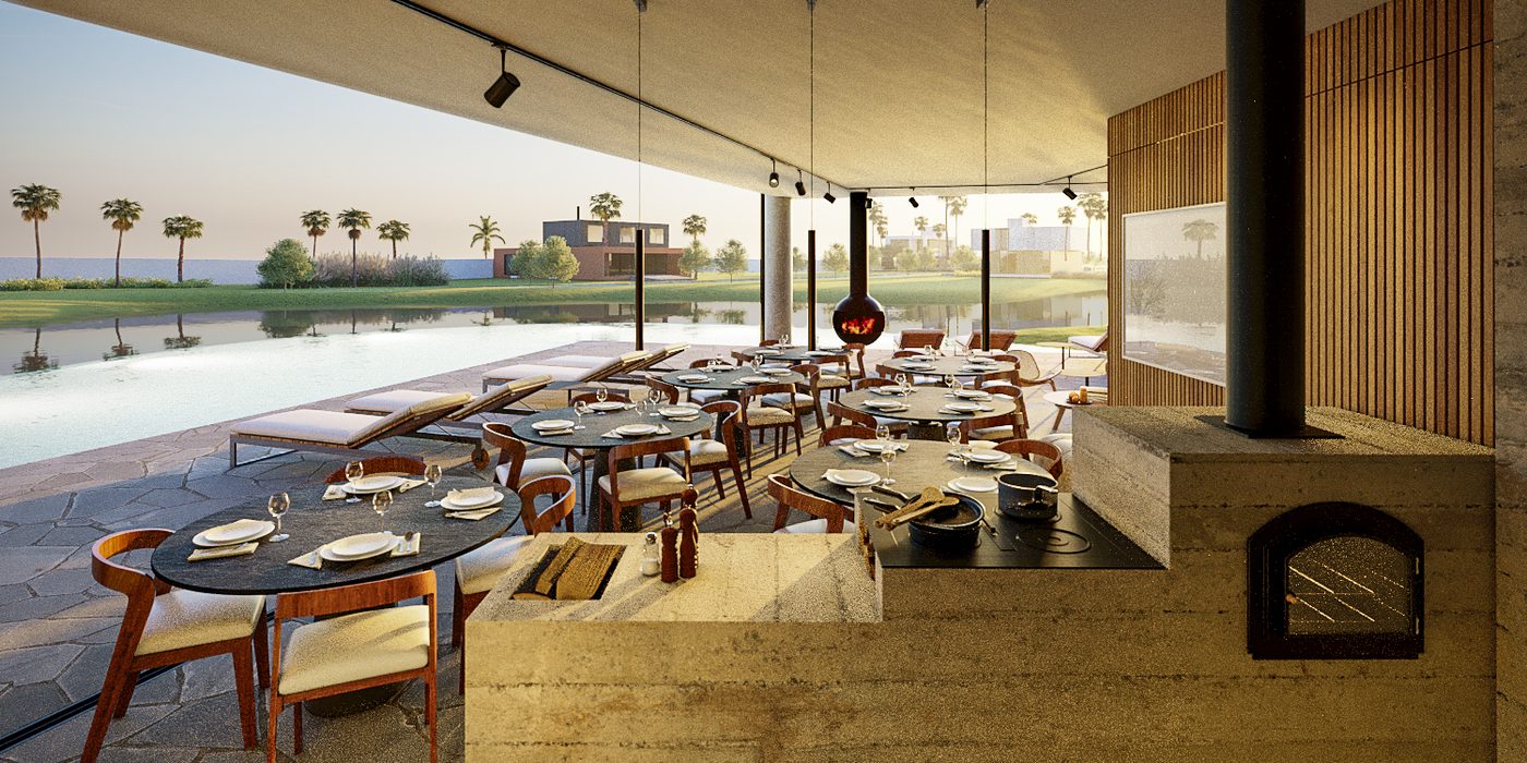 Espaço gourmet com forno a lenha e vista para o lago