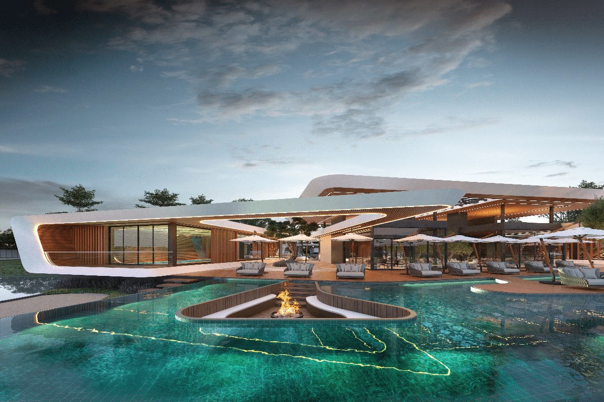 Royal Lake — club house junto ao lago ao entardecer