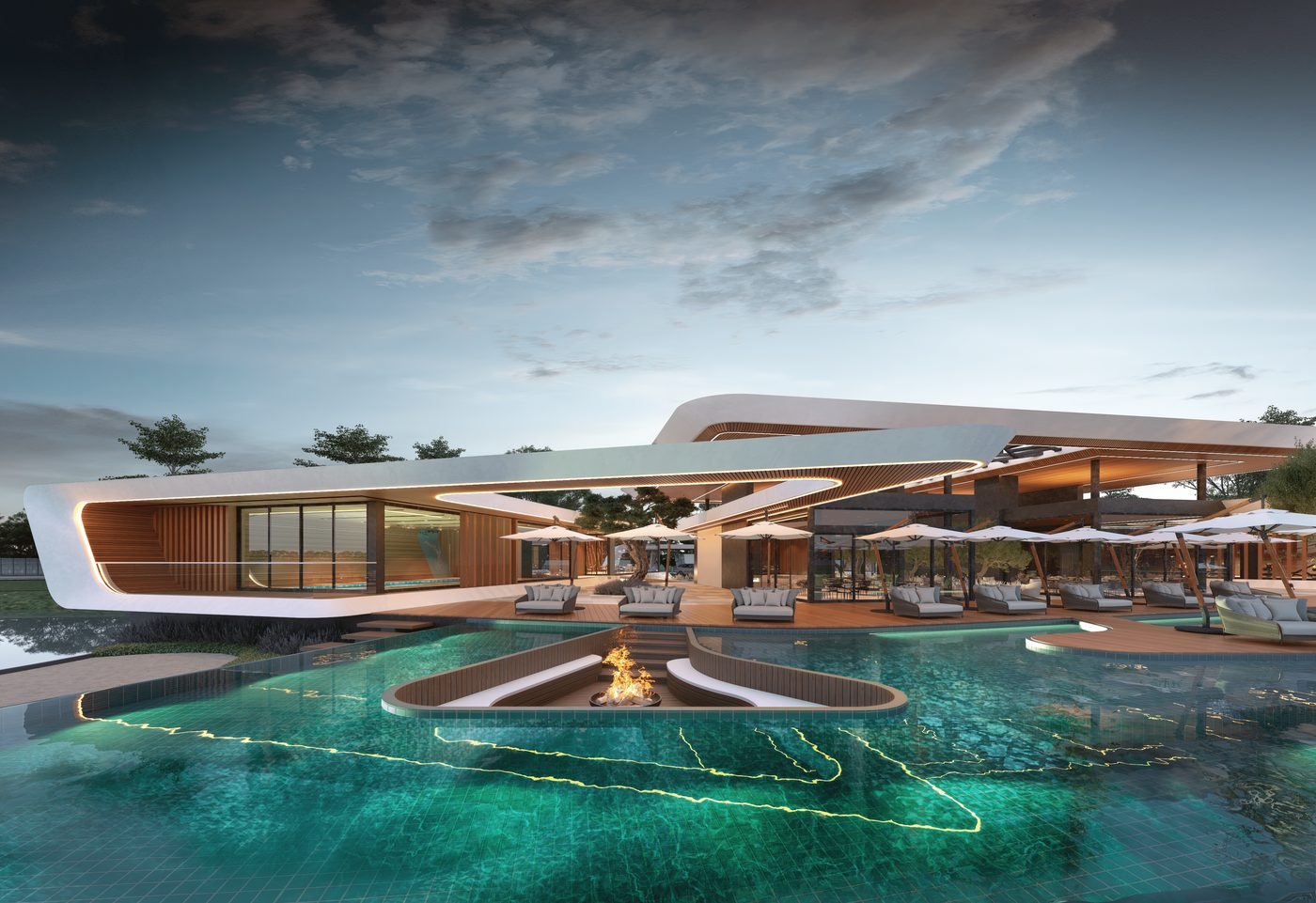 Piscina do club house com guarda-sóis