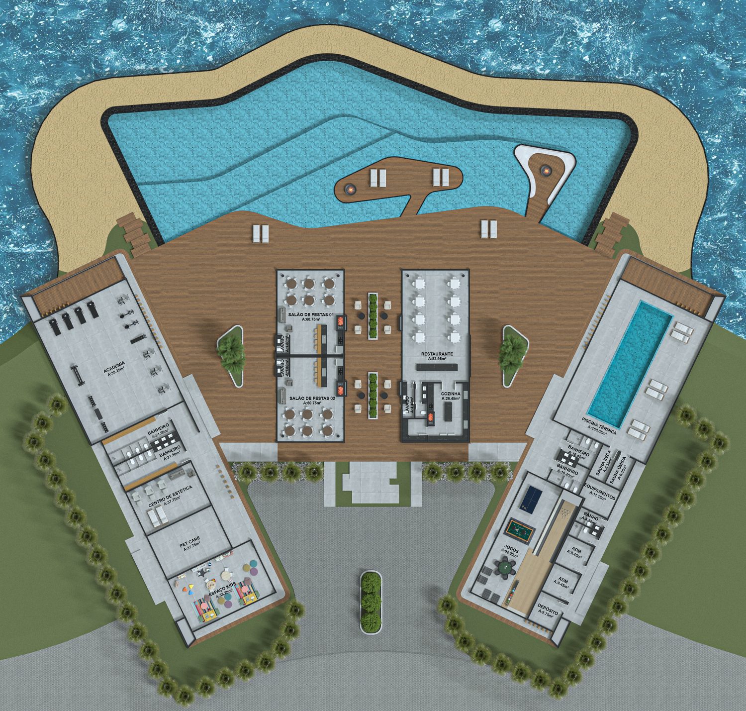 Planta humanizada do club house com a metragem de cada ambiente