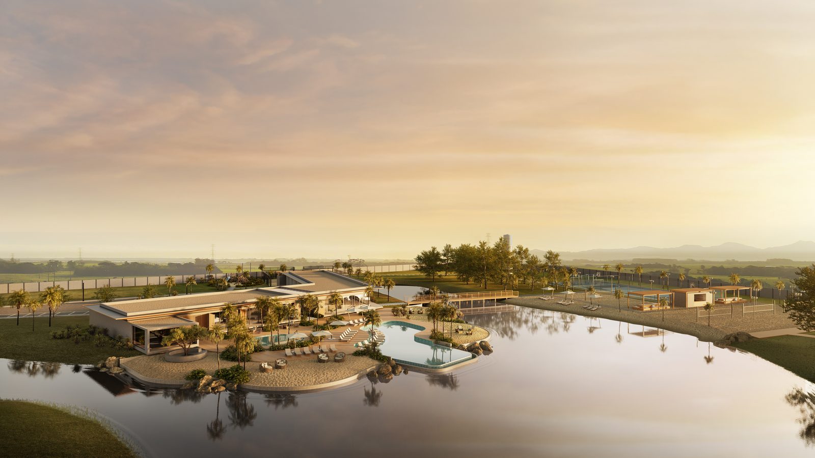 Clube do Verano ao entardecer, visto de cima, à beira do lago interno
