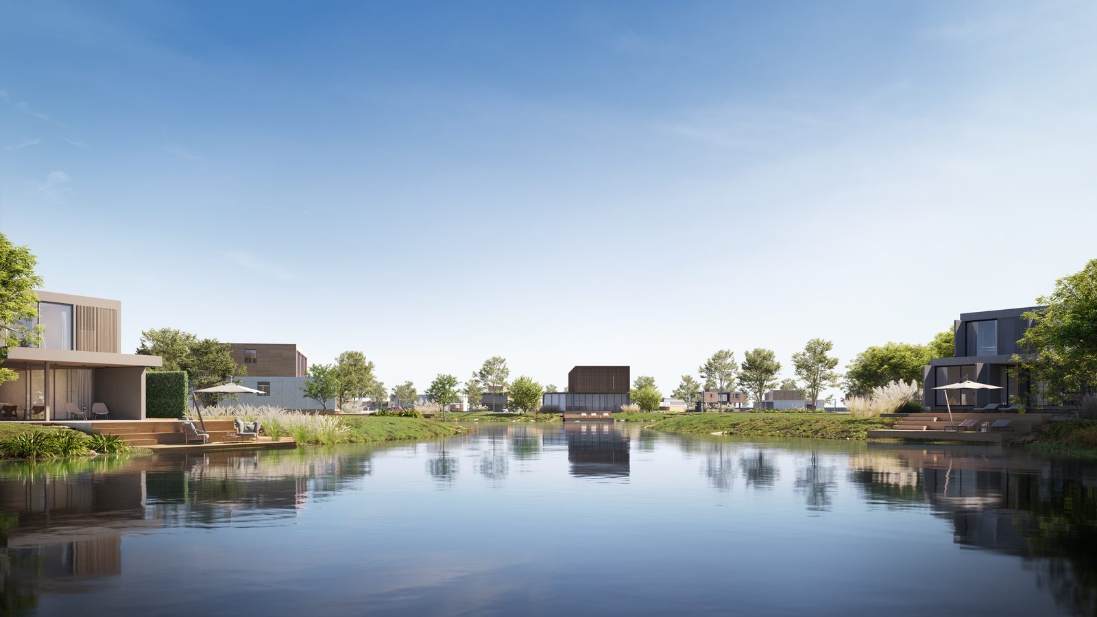Casas nas duas margens do lago interno, refletidas na água