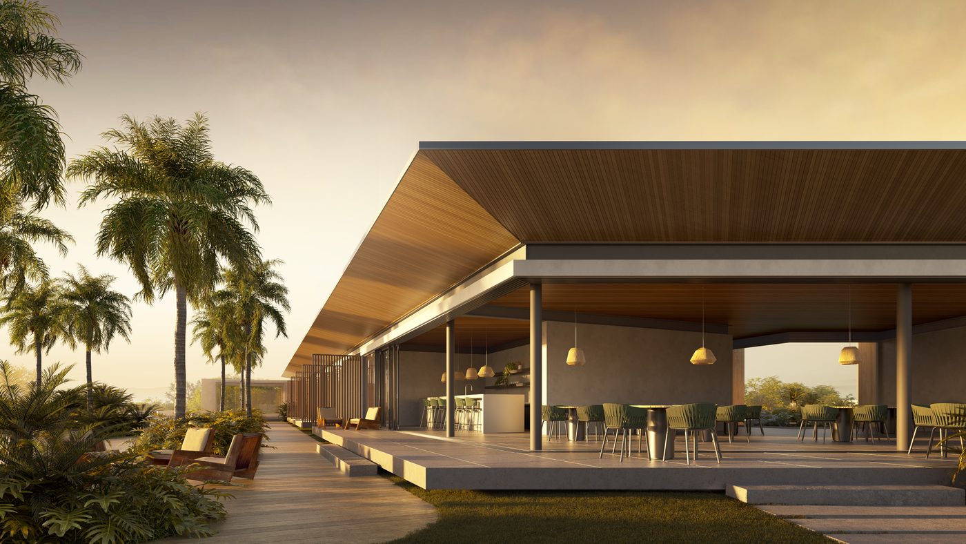 Restaurante do clube ao entardecer, com varanda coberta